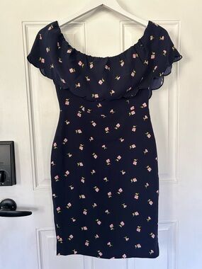 Off-Shoulder Navy Mini Dress with Pink Floral Print